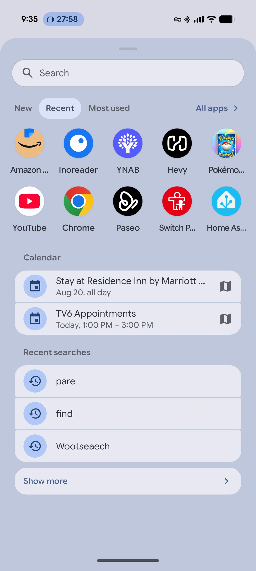App drawer home, with search, recents, and upcoming events.